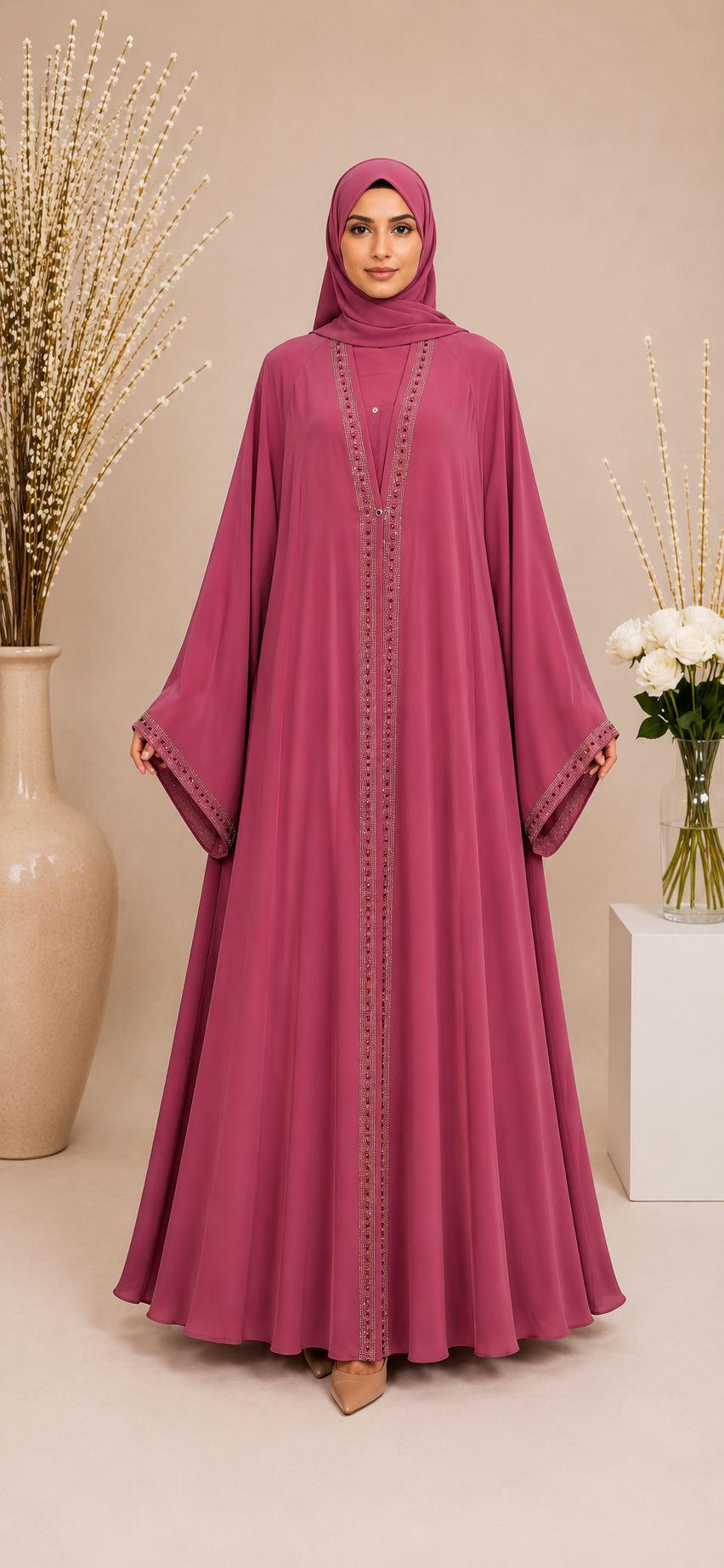 Double Upper Chiffon Abaya with DMC Stones 3