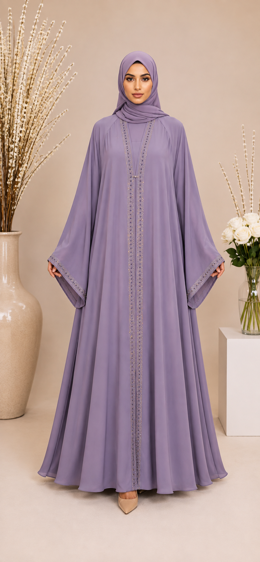 Double Upper Chiffon Abaya with DMC Stones 2