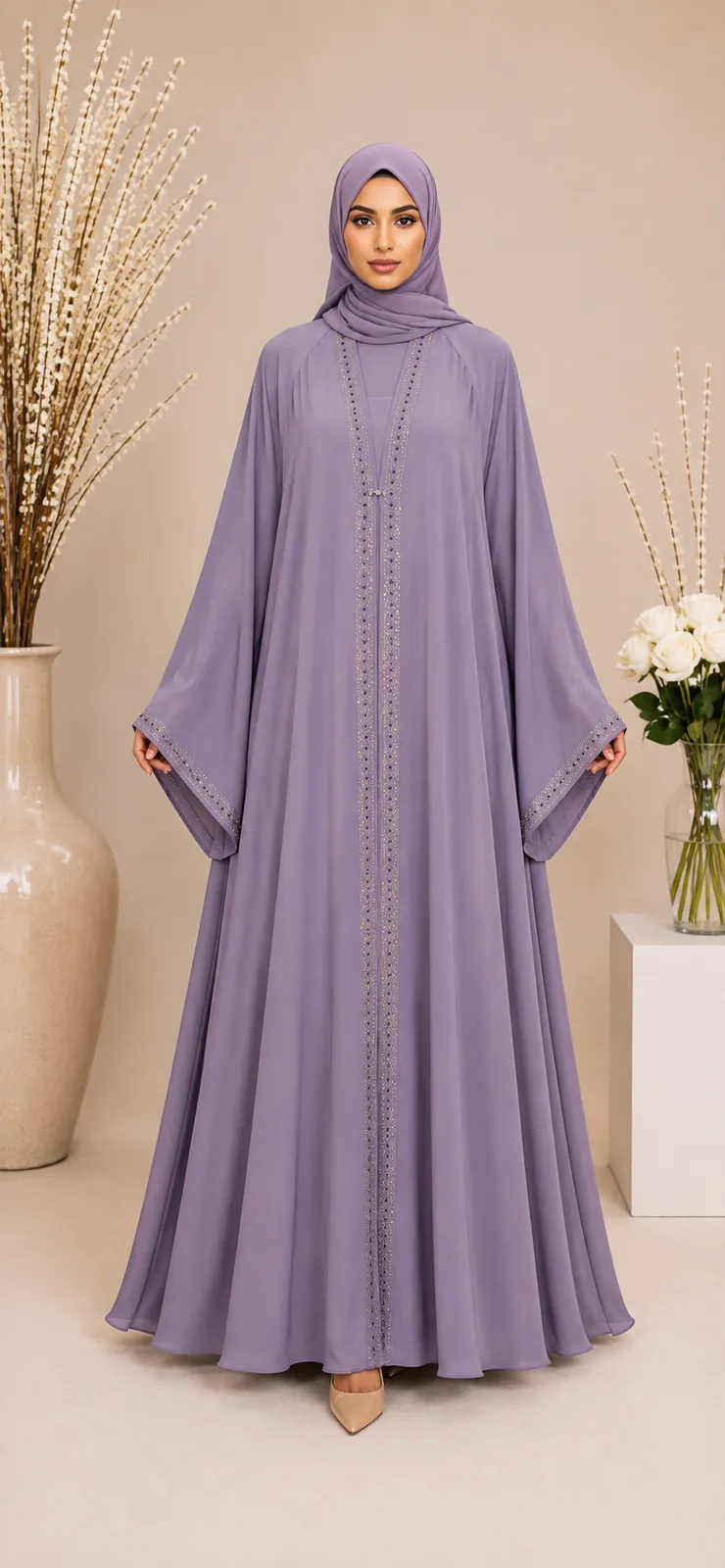 Double Upper Chiffon Abaya with DMC Stones 2