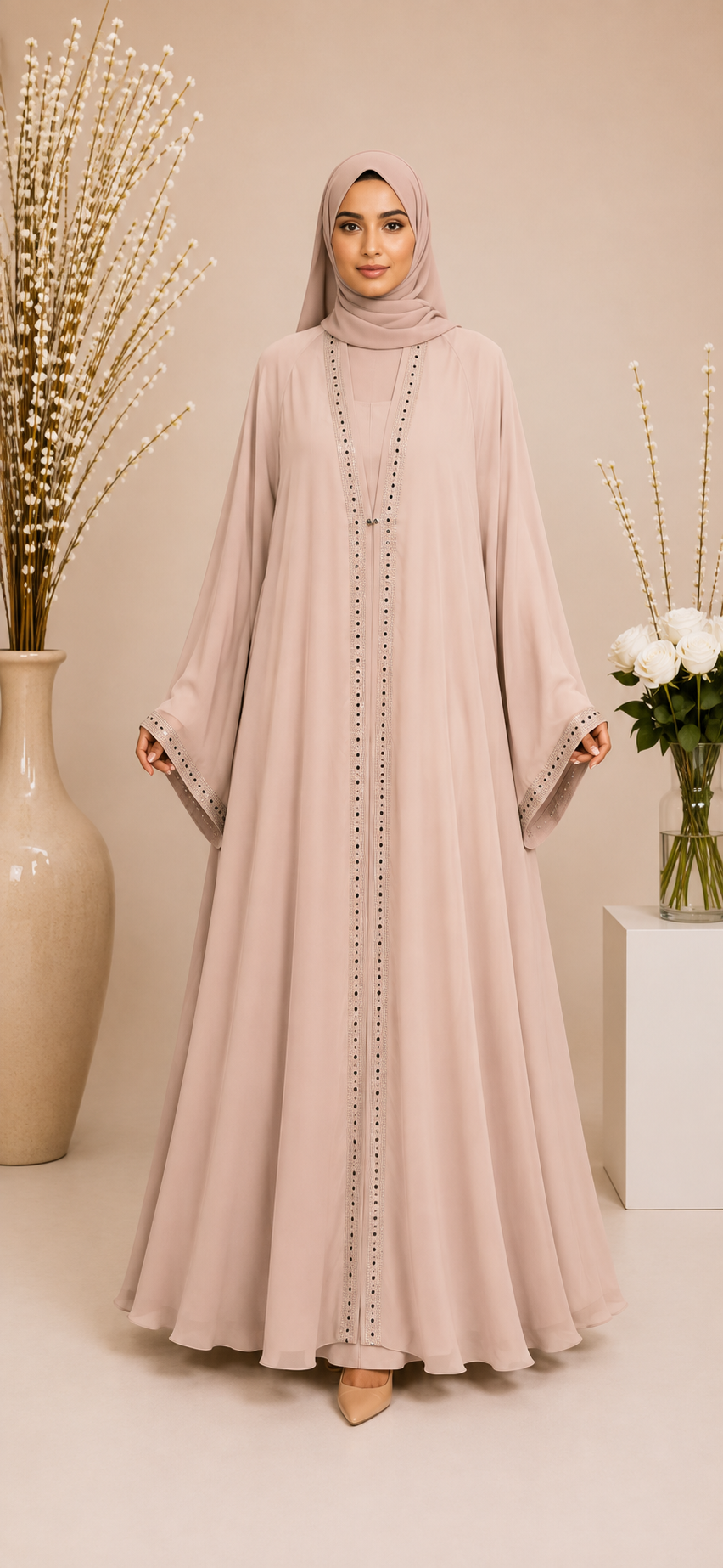 Double Upper Chiffon Abaya with DMC Stones 4