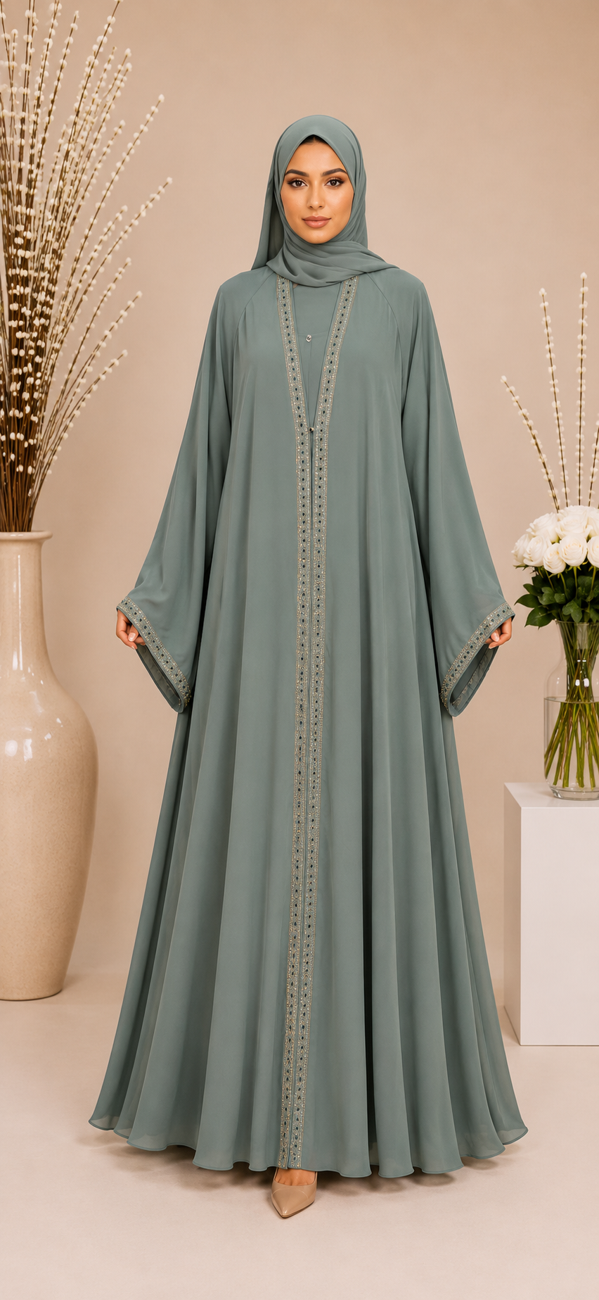 Double Upper Chiffon Abaya with DMC Stones 1