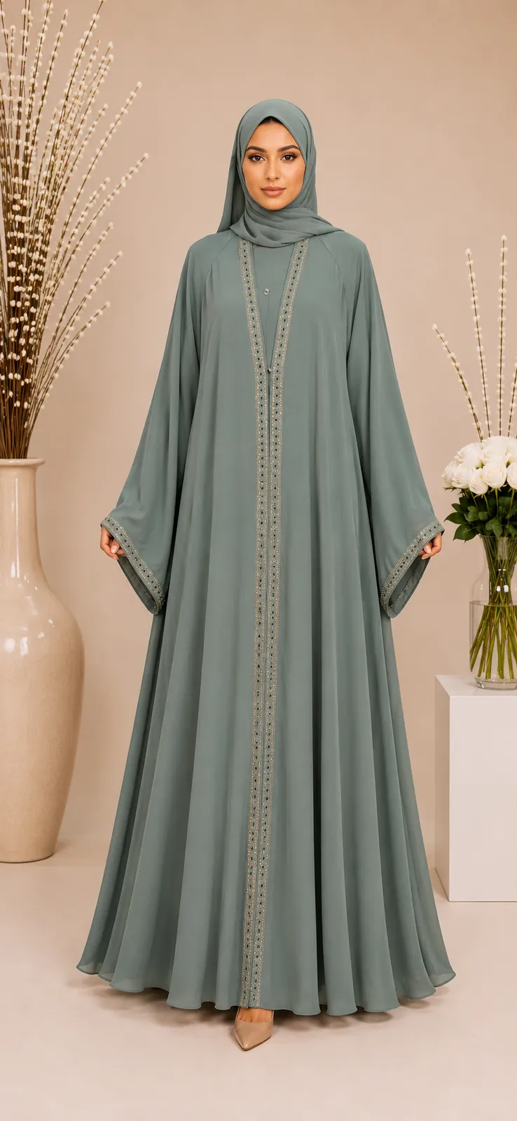 Double Upper Chiffon Abaya with DMC Stones