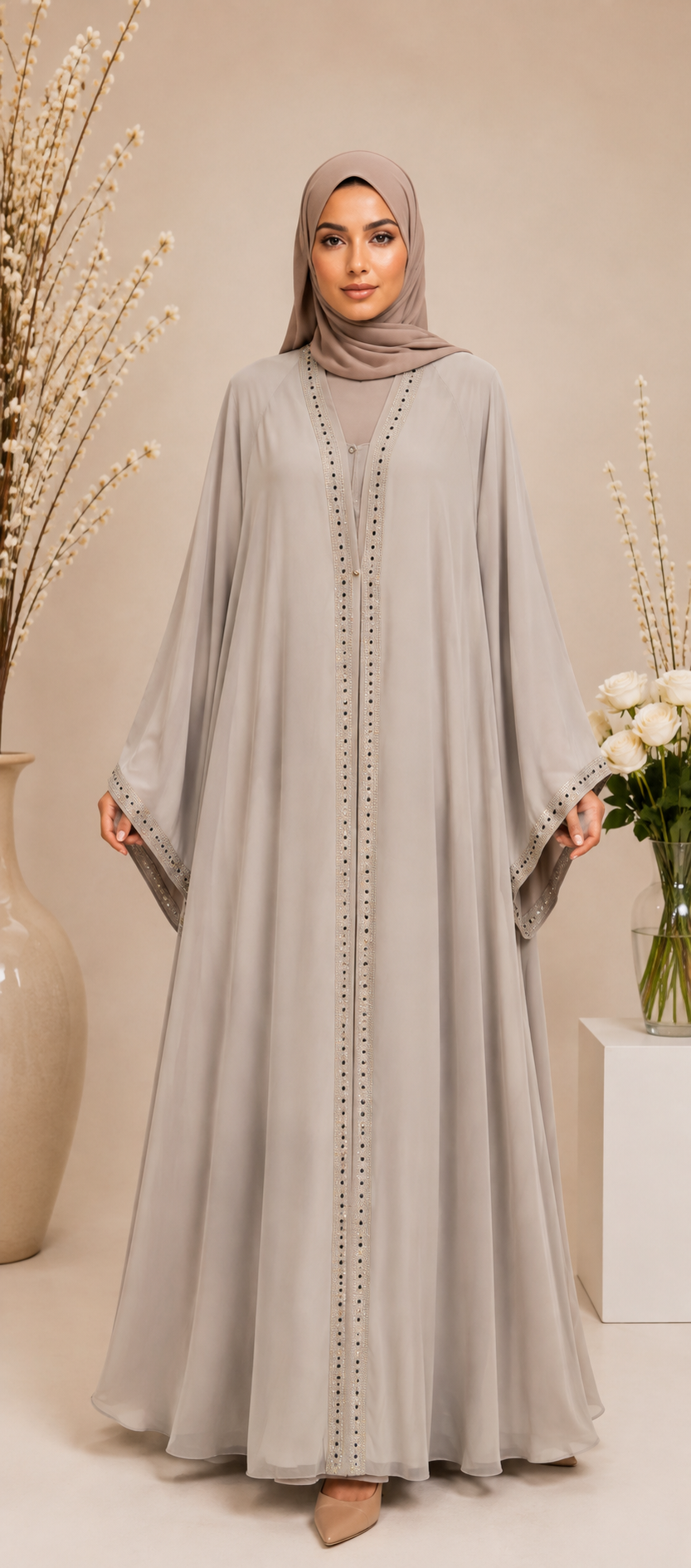 Double Upper Chiffon Abaya with DMC Stones 6