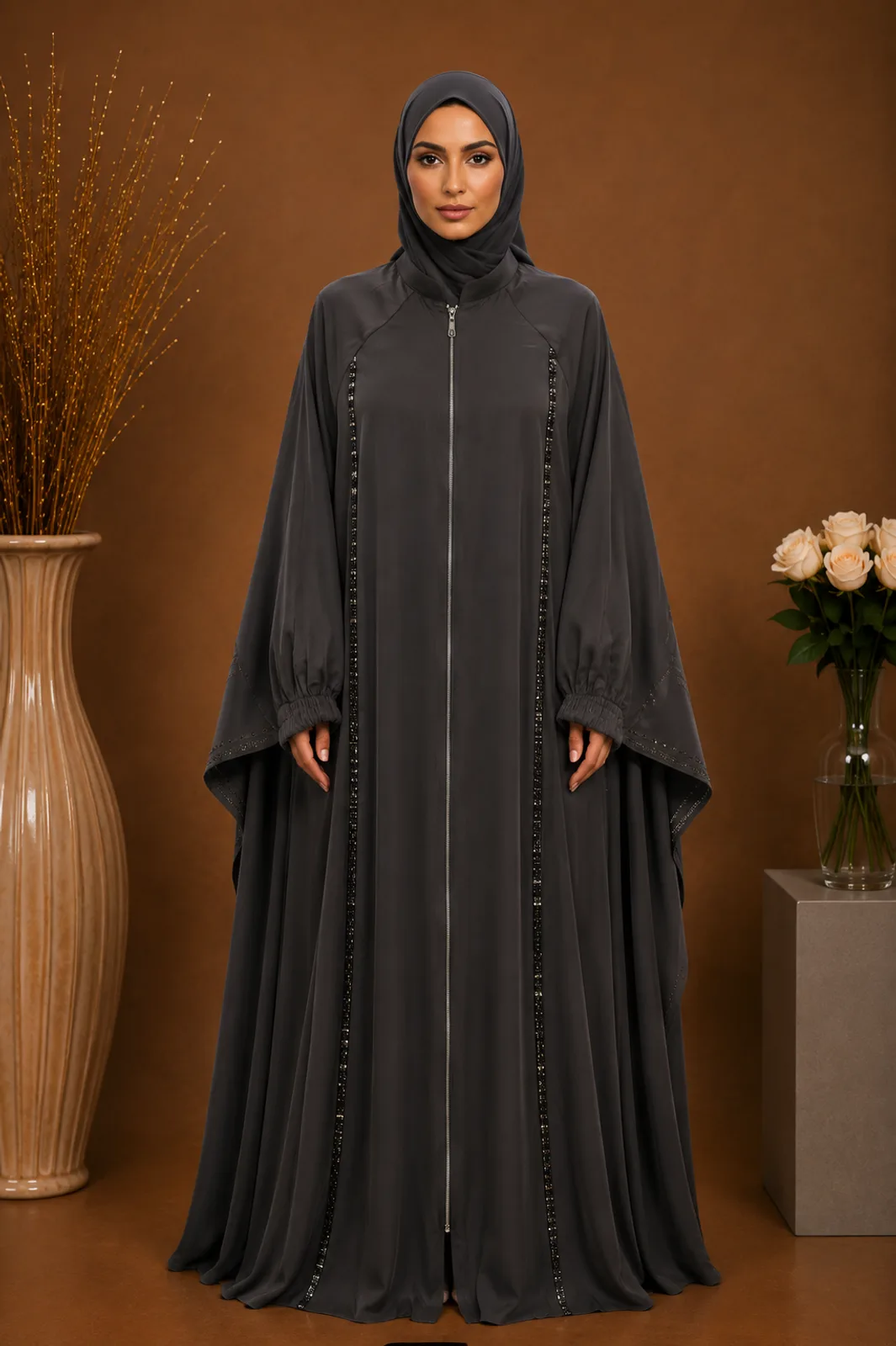 Front Open Zip Abaya with Cutdana Lace - Full Flyer