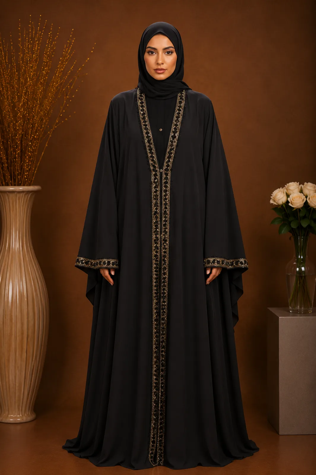 Upper Gown Premium Chiffon Abaya - Pure Black